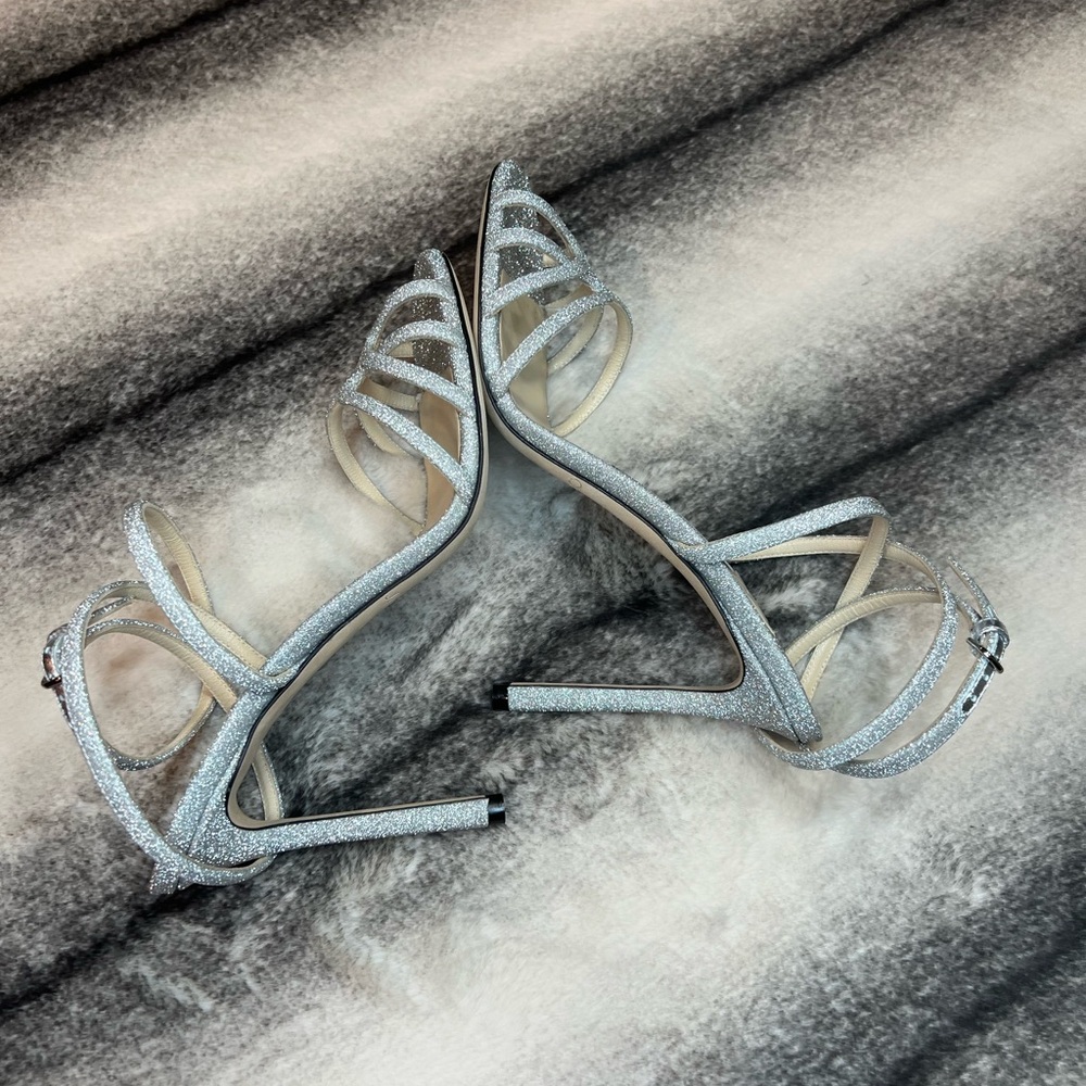 Jimmy Choo Mimi 100 mm Silver Fine Glitter Fabric Sandals Heels - Picture 6 of 8